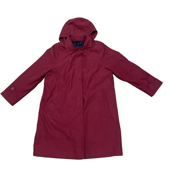 London Fog Trench Coat Women M Red Hooded Fleece Lined Single Breasted Button - Picture 1 of 16